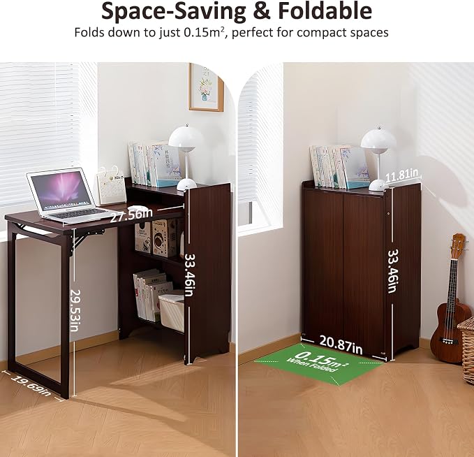Bamboo Folding Desk for Small Spaces with Storage, Foldable Mid Century Modern Drop Leaf Desk, Vintage Fold Out Hideaway Small Desks for Bedroom or Home Office, Brown
