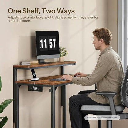 HOOBRO Small Computer Desk, 28.3" Desk for Small Spaces, Office Desk with Power Outlet & Adjustable Monitor Stand, Compact Desk with Storage, Writing Table for Bedroom, Office, Rustic Brown BF38UDN01
