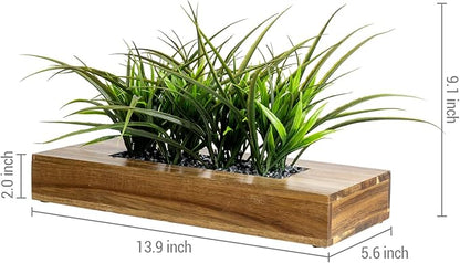 MyGift Large Artificial Green Grass Plants Potted in 14 Inch Premium Acacia Solid Wood Rectangular Planter Box, Decorative Tabletop Faux Greenery Centerpiece Décor