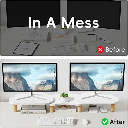 AFOOYO Dual Monitor Stand Riser,Rainbow Cloud Desktop Computer Stand for 2 Monitors,Adjustable Length and Angle Multifunctional Desktop Organizer Stand for Laptop, PC, Computer, Printer,White