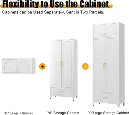 Metal Storage Cabinet with Drawer, 90" Tall Kitchen Pantry Storage Cabinets with Doors and Adjustable Shelves, White Pantry Closet, Steel Large Cupboard, High Leveling Feet- Assembly Required