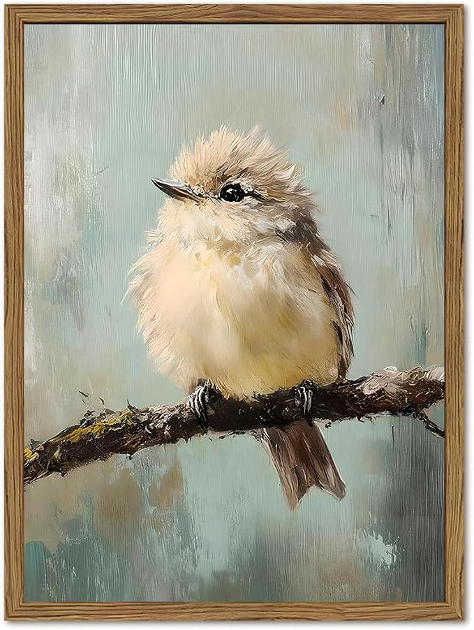 Framed Vintage Bird Canvas Wall Art, Bird Rustic Farmhouse Wall Decor Pictures, Unique Animal Art Prints Small Cottagecore Paintings for Kid's Room Bathroom Bedroom Kitchen Living Room 16x24 In