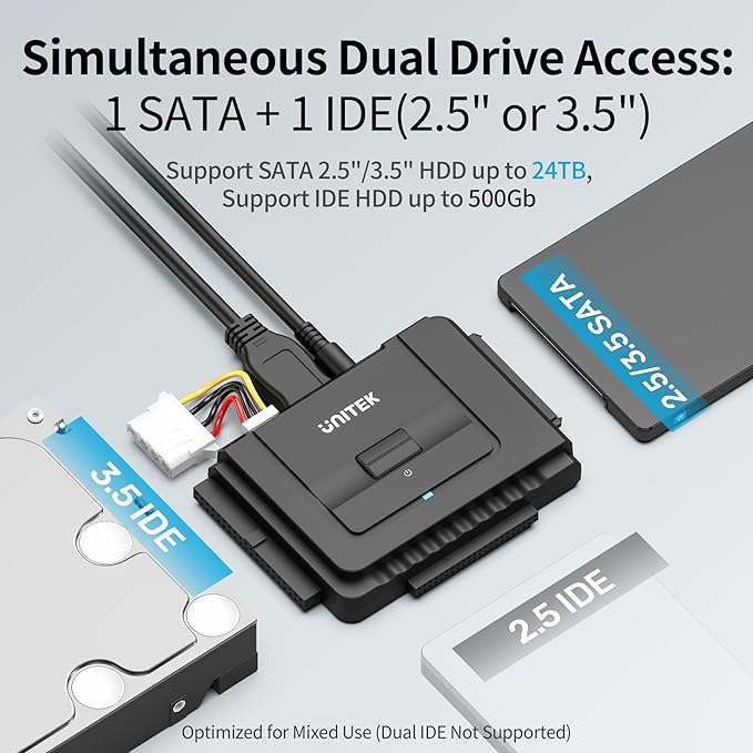 Unitek USB C to IDE and SATA Converter External Hard Drive Adapter Kit for Universal 2.5/3.5 HDD/SSD Hard Drive Disk, One Touch Backup Function, Included 12V/2A Power Adapter