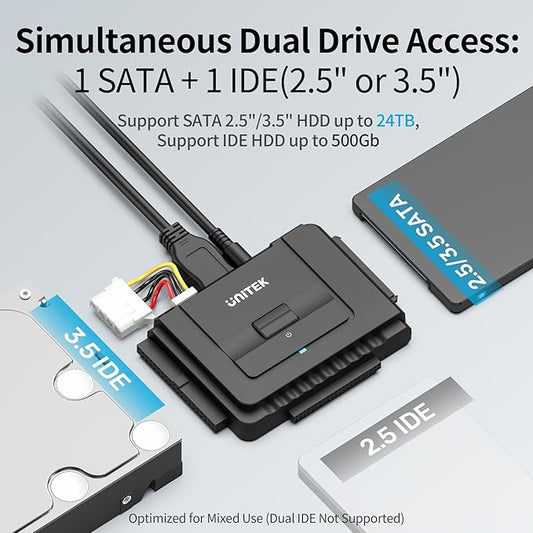 Unitek USB C to IDE and SATA Converter External Hard Drive Adapter Kit for Universal 2.5/3.5 HDD/SSD Hard Drive Disk, One Touch Backup Function, Included 12V/2A Power Adapter