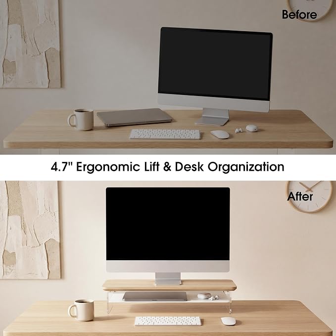 Fenge Acrylic Monitor Stand Riser, 23.6 Inches Monitor Stand with Metal Storage, 2 Tier Acrylic Computer Riser for Desk, Clear Laptop Stand for PC, Laptop, Printer, TV