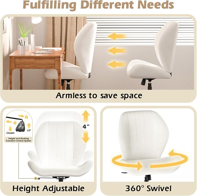 ZZW Criss Cross Chair with Wheels, Wide Cross Legged Office Chair Armless Comfy Desk Chair with Tall Back Vanity Chairs with Stress Relief Curved Design Seat for Bedroom & Office & Home Ivory White