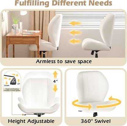 ZZW Criss Cross Chair with Wheels, Wide Cross Legged Office Chair Armless Comfy Desk Chair with Tall Back Vanity Chairs with Stress Relief Curved Design Seat for Bedroom & Office & Home Ivory White