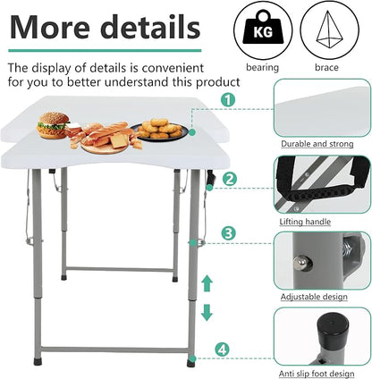 FDW 4FT Folding Table Half Portable Foldable Table Picnic Table for Office Home Camping Party (White, 4 FT)