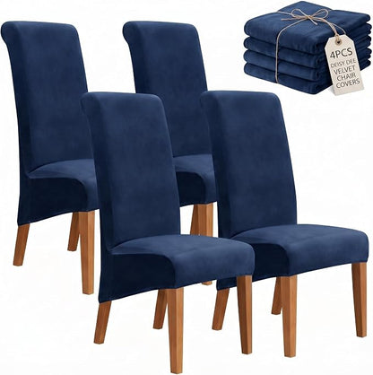 Deisy Dee Stretch XL/Oversized Extra Large Velvet Dining Room Chair Covers for Kitchen Dining，Removable Washable Chair Protectors Slipcovers (Navy, 4)