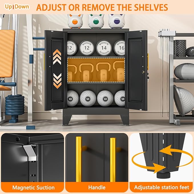 Metal Tool Storage Cabinet with Lock Doors and Adjustable Shelves, Small Locking Garage Storage Cabinet, Black Steel Tool Cabinets with Leveling Feet for Garage, Basement, Office, Utility Room