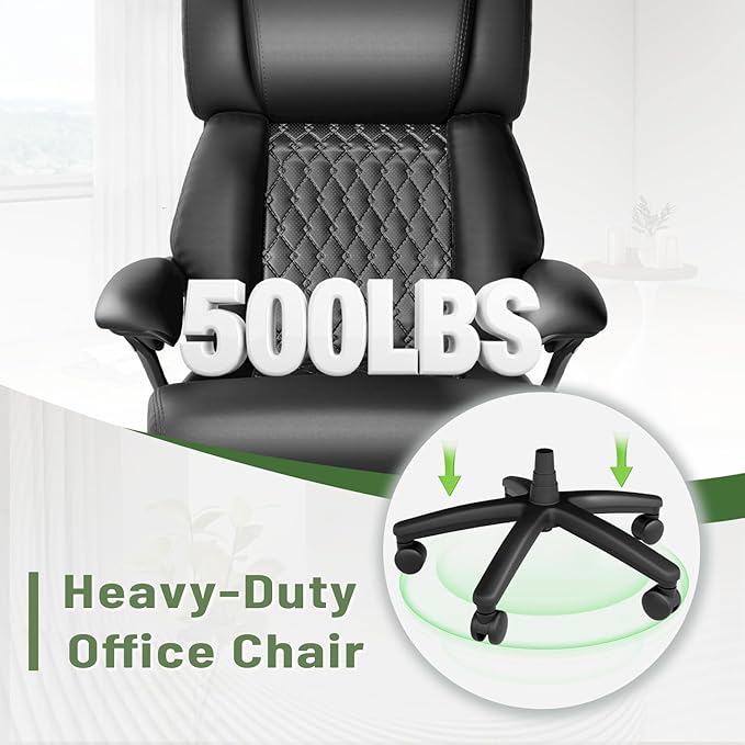 HOMREST Big and Tall Office Chair, 500lbs Heavy Duty Chair with Adjustable Lumbar Support & Backrest, Ergonomic Executive Leather Office Chair with Wide Armrests and Wheels, Black