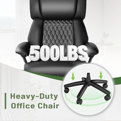HOMREST Big and Tall Office Chair, 500lbs Heavy Duty Chair with Adjustable Lumbar Support & Backrest, Ergonomic Executive Leather Office Chair with Wide Armrests and Wheels, Black