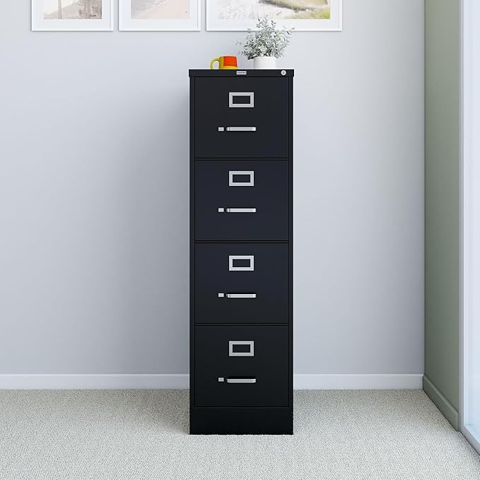 Staples 4-Drawer Vertical File Cabinet, Letter Size Documents, Lockable, 25" D x 15" W x 51.97" H, Black