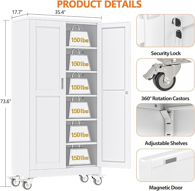 pozdeg 73.6" Metal Garage Storage Cabinets with Wheels, Lockable Rolling File Cabinets with 2 Doors and 5 Adjustable Shelves, Steel Tool Organizer Locker for Office Home Garage Gym School, White