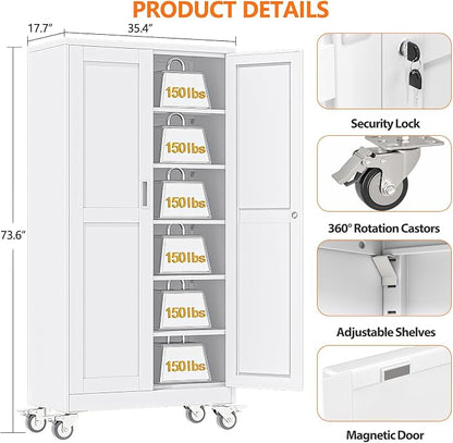 pozdeg 73.6" Metal Garage Storage Cabinets with Wheels, Lockable Rolling File Cabinets with 2 Doors and 5 Adjustable Shelves, Steel Tool Organizer Locker for Office Home Garage Gym School, White