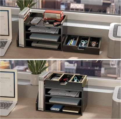 Multi-Tier Wood Desk File Organizer, 3 Tray Shelves & Adjustable Drawer - Space-Efficient Design for Efficient Office Setup, Reduces Desk Clutter (Black)
