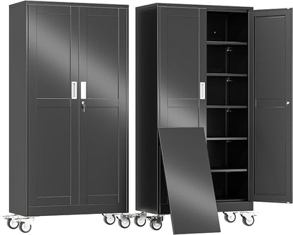 erosoei 74" H Metal Garage Storage Cabinet, Rolling Tool Cabinet with 2 Doors and Wheels, Locker Steel Cabinet with 5 Adjustable Shelves, Organization Cabinet for Garage,Office,Home,Gym,School（Black）