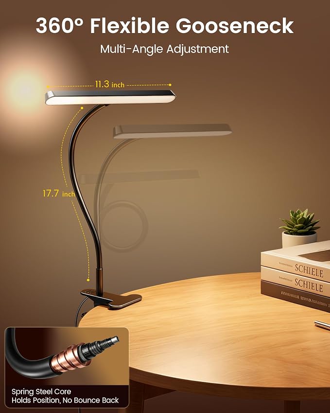 Glocusent 7W Horizontal Clip on Light, 57 LED Eye Caring Reading Light, 5 Brightness & 3 Colors with Amber Mode for Bedside Reading, 2.75" Clamp & 30Min Timer, USB Powered Clip on Lamp for Work, Craft