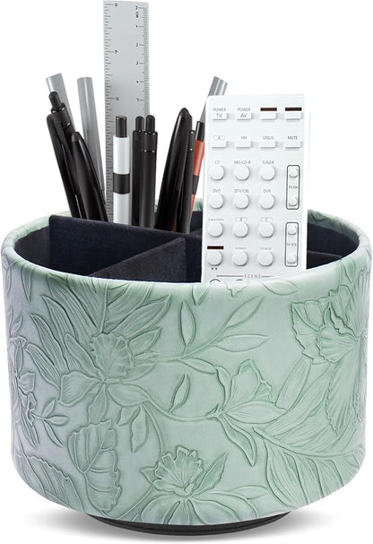Round Leather Art Supply Organizer,Remote Control Holder,360 Degree Spinning,Multi-Functional Pencil Holder,4 Compartments Desktop Stationary Organizer(1-Carved Dark Green)