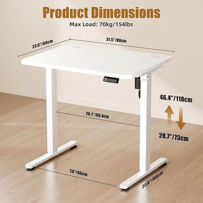 ERGOMAKER Electric Standing Desk, 31.5" x 23.6" Height Adjustable Sit Stand Desk with Splice Board for Home Office, Computer Desk Memory Preset (White Frame, White Desktop)
