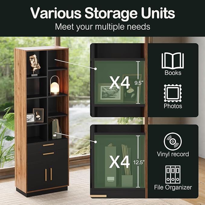 ModernMate Wood Bookcase with 2 Drawers and Doors, 8 Storage Cubes, 73.3" Tall Bookshelf, Modern Bookcases, Wooden Bookshelves for Home and Office, Living Room, Study, Black Walnut