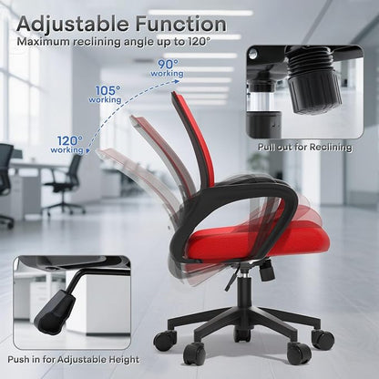 Ergonomic Office Chair, Breathable Mesh Computer Desk Chair | with Lumbar Support & Armrest, Rolling Swivel Adjustable Tilt Lock for Home Office/Gaming, Bedroom Study, Red
