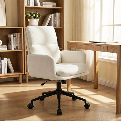 Comfortable Home Office Chair, Upholstered Desk Chair with Double-Layer Cushioning, Adjustable Height Swivel Task Chair with Padded Armrests, Rolling Wheels and Metal Base, Ivory White