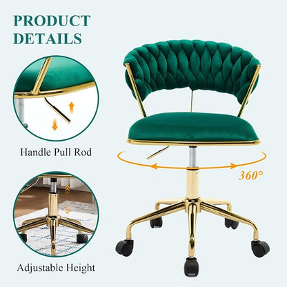 NIOIIKIT Home Office Chair, Velvet Upholstered Task Chair with Woven Open Back, 360° Swivel Desk Chair with Wheels, Adjustable Vanity Chair, Computer Chair for Office, Studio (Emerald)