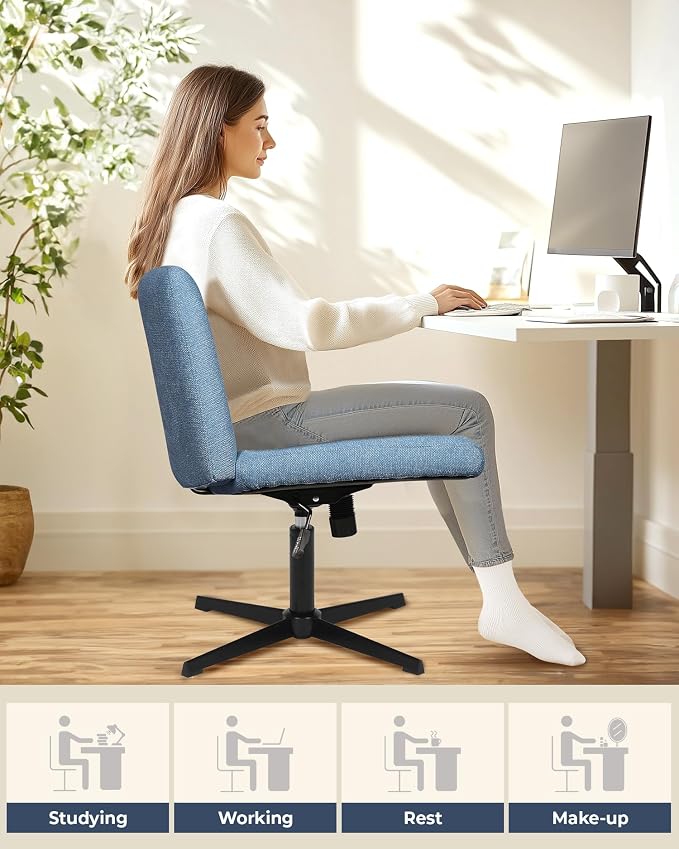 NEO Chair Criss Cross Chair No Wheels, Armless Cross Legged Office Desk Chair, Vanity Makeup Fabric Computer Comfy Adjustable Swivel Ergonomic Living Bedroom for Home Office (Fabric Blue)