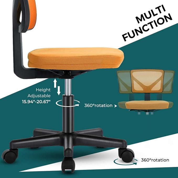 DUMOS Armless Office Chairs with Wheels, Ergonomic Adjustable Home Desk Swivel Rolling Task Chair No Arms, Comfy Mesh Mid Back Computer Work Vanity Desk Chairs for Small Spaces, Orange