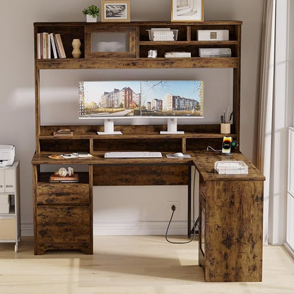 Bestier Farmhouse 63" L Shaped Desk with Hutch, Wood Computer Desk with Drawers, Charging Station, LED Light, Fluted Sliding Door Cabinet, Monitor Stand, Executive Desk for Home Office, Rustic Brown