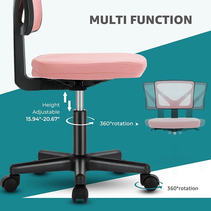 OLIXIS Armless Office Chair, Ergonomic Desk Chair with Wheels, Mesh Back, Removable Washable Foam Cushion, Height Adjustable Rolling Swivel Chairs for Small Space, Home, Office, Pink