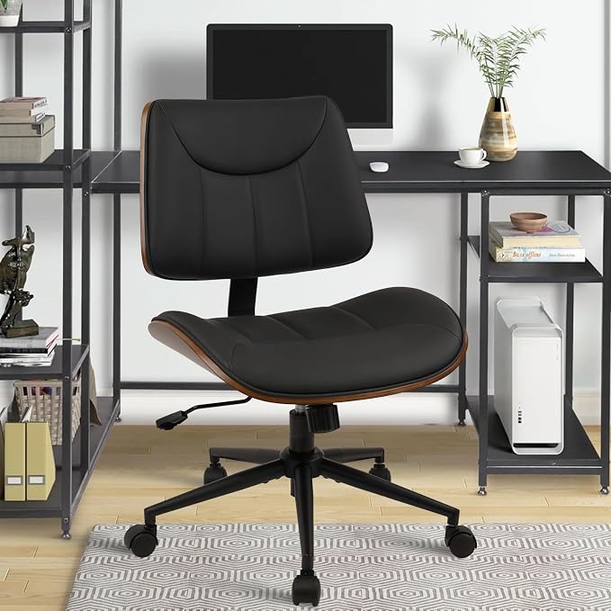 CLATINA Office Chair Armless with Wheels, Mid-Century Modern Walnut Desk Chair, Adjustable Height Reading Chair, PU Leather Mid Back & Swivel Computer Chairs for Home Meeting Room Bedroom, Black(2 PK)