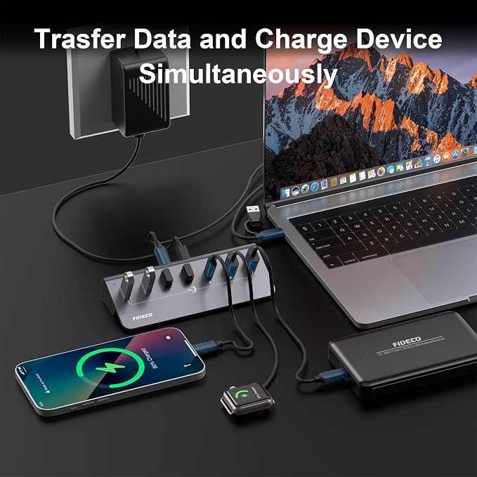 FIDECO Powered USB Hub, 7 Port 10Gbps Fast Data Hub for iPhone 16/15 and Laptop, Full Aluminum USB Splitter with 5V 3A Power Adapter, 4 USB A and 3 USB C Ports, Support BC1.2 Charging, Grey