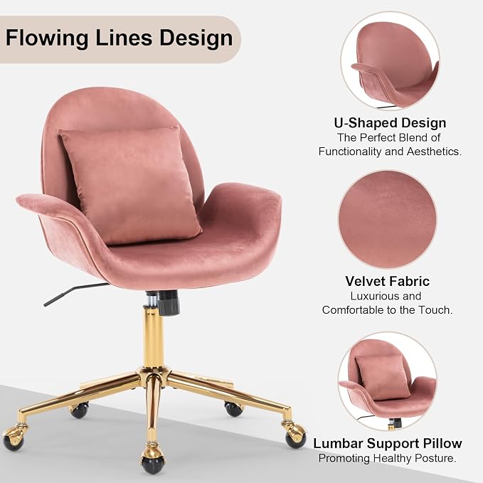 Pink Velvet Home Office Desk Chair with Gold Base for Women Girls, Swivel Makeup Vanity Chair with Pillow,Rose Upholstered Mid Back Adjustable Office Chair for Bedroom Living Room(Pink)