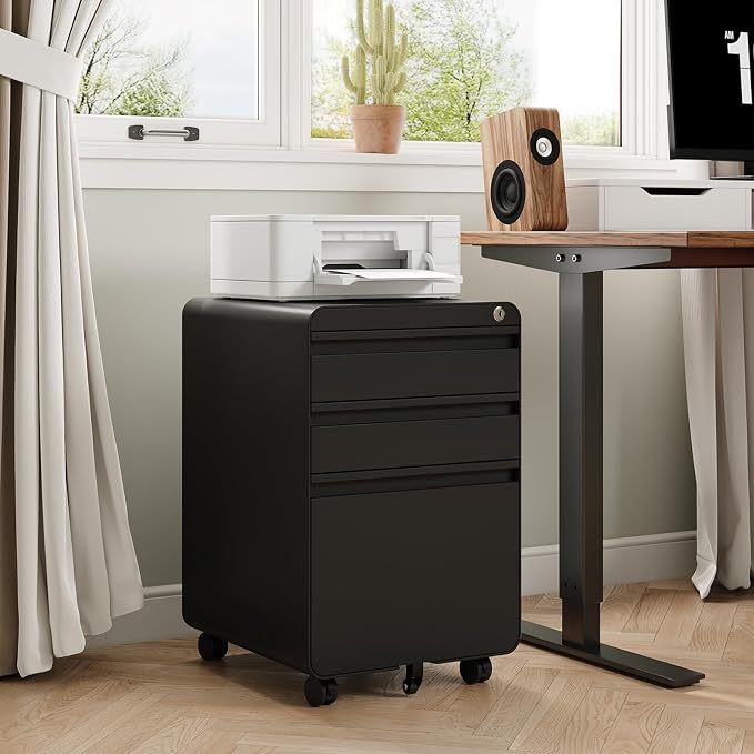 Dripex 3 Drawer Black File Cabinet, Mobile Under Desk Storage File Cabinet with Lock on Wheels, Letter/Legal Size,Fully Assembled, Small Short Vertical Metal Rolling Filing Cabinets for Home Office