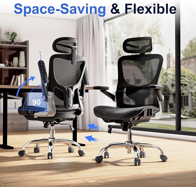 marrap Ergonomic Office Chair, Mesh Seat Cushion with 3D Armrests and 3D Headrest, Adjustable Lumbar Support with 90-120° Rocking Function for Home Office, Black