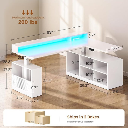 SEDETA L Shaped Electric Standing Desk, 63 inch Height Adjustable Corner Computer Desk with Storage Shelves and LED Lights, Corner Gaming Desk with Power Outlet and Pegboard for Home Office, White