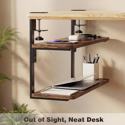 2-Tier Desk Extender, 22-inch Clamp-On Desk Shelf, Height-Adjustable Desktop Shelf Organizer for Monitors Office and Gaming Accessories, Arm Support Table Extension, Dark Brown