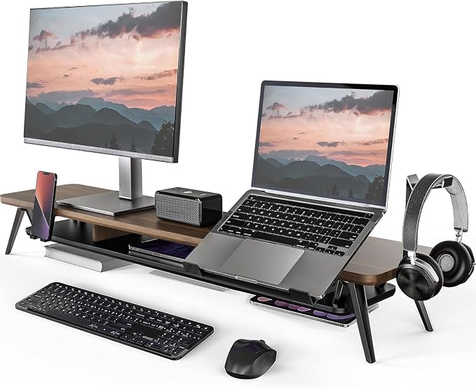 Fenge Dual Monitor Stand, Monitor Riser for 2 Monitors with Adjustable Laptop Riser , 42.5 Inch Desk Shelf for Top of Desk with Phone Holder& Headphone Stand