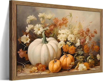 Framed Fall Pumpkin Wall Art - White Pumpkin and Autumn Floral Canvas Print, Rustic Farmhouse Harvest Halloween Thanksgiving Wall Decor for Living Room Bedroom Dining Room, 12x16in Wood Frame