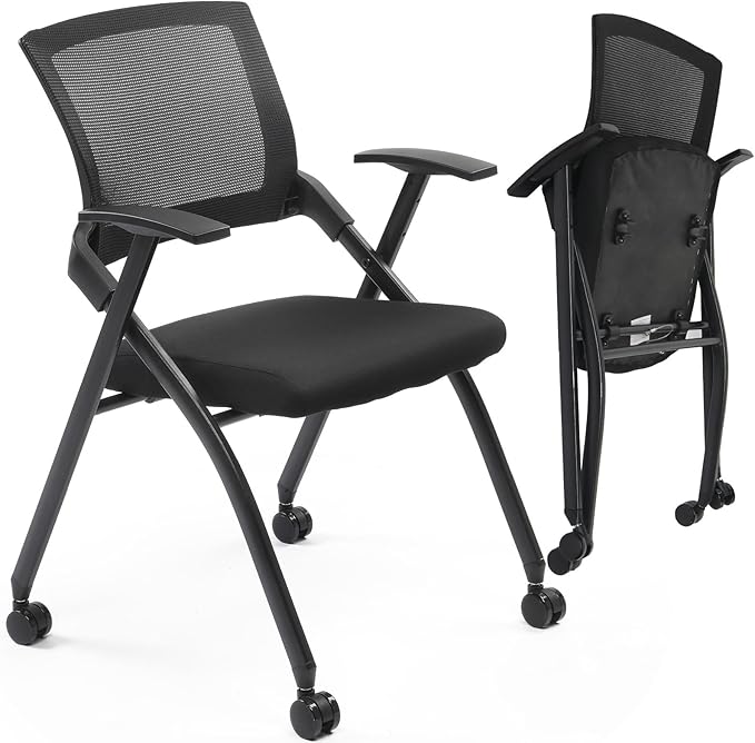 Stackable Conference Room Chair with Wheels, Folding Office Chair with Rebound Back & Padded Seat, 350 lb Capacity, Black – Ideal for Training, Guest, Reception & Event Seating