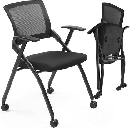 Stackable Conference Room Chair with Wheels, Folding Office Chair with Rebound Back & Padded Seat, 350 lb Capacity, Black – Ideal for Training, Guest, Reception & Event Seating