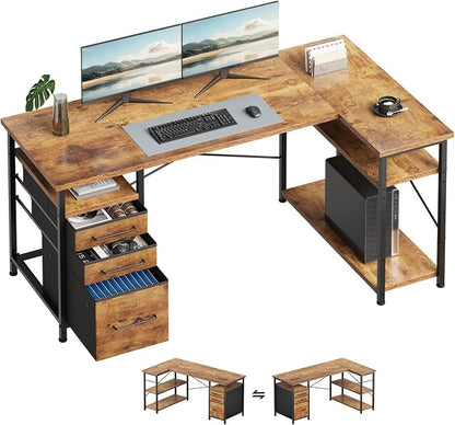 Maihail 55" Computer Desk with Drawers, Desks for Bedrooms, Writing Desk with Storage, Work Desk for Small Space, Rustic Brown