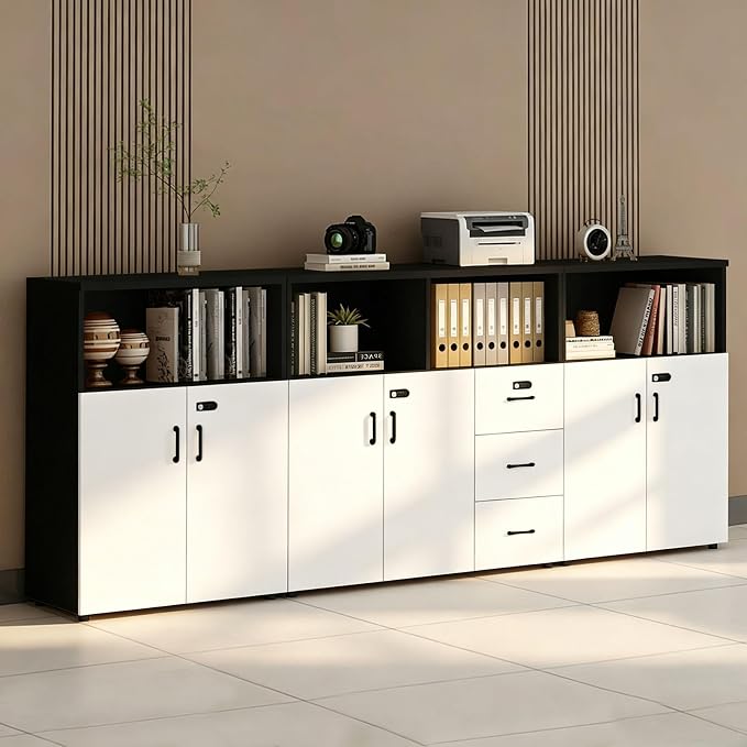 File Cabinet with Password Lock, Wood Lateral Filing Cabinet for Letter/A4 Files, 3 Drawer with Door, Printer Stand with Open Shelves for Home Office