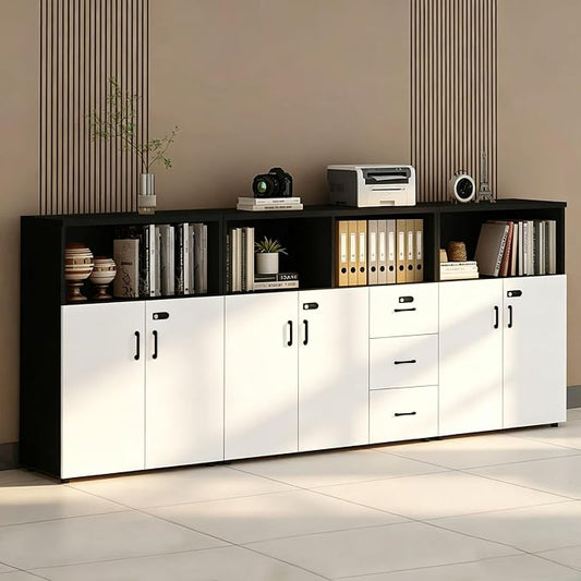 File Cabinet with Password Lock, Wood Lateral Filing Cabinet for Letter/A4 Files, 3 Drawer with Door, Printer Stand with Open Shelves for Home Office