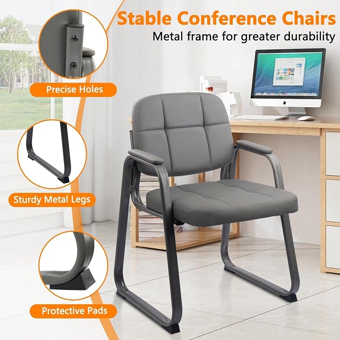 CLATINA Waiting Room Guest Chair with Bonded Leather Padded Arm Rest for Office Reception and Conference Desk Black with Sled Base Grey 6 Pack