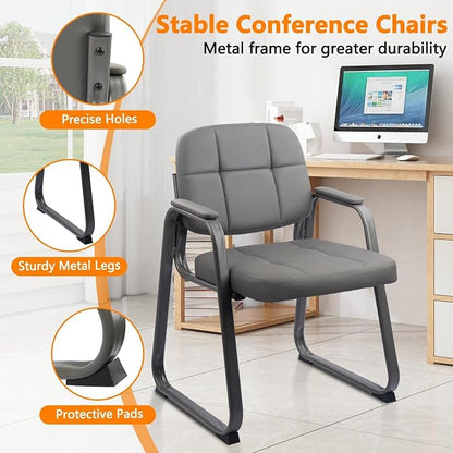 CLATINA Waiting Room Chairs with Padded Arms Leather Guest Chair no Wheels for Office Reception and Conference Desk with Sled Base Grey, 8PK