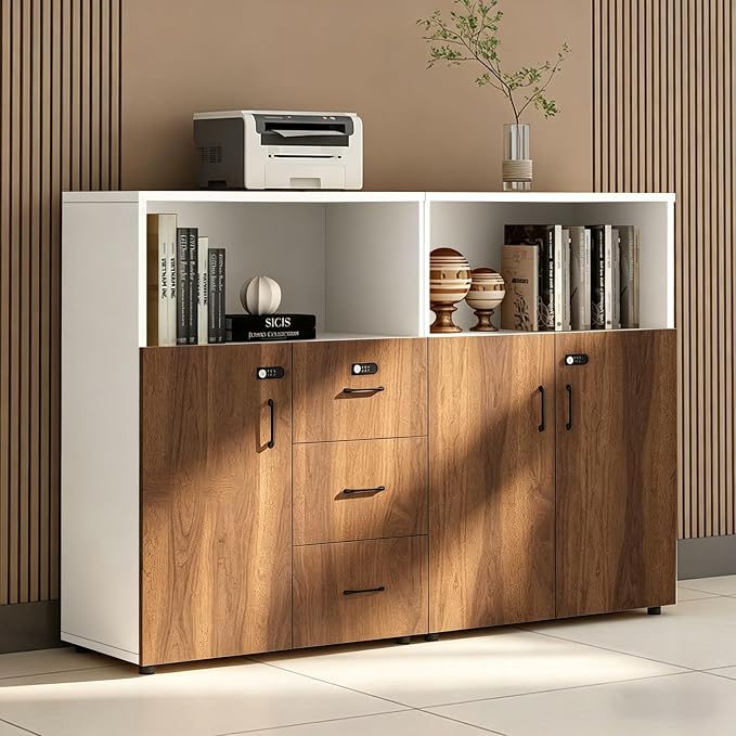 File Cabinet with Password Lock, Wood Lateral Filing Cabinet for Letter/A4 Files, 3 Drawer with Door, Printer Stand with Open Shelves for Home Office