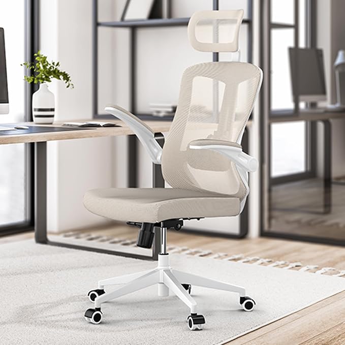 Ergonomic Office Chair with Adjustable Lumbar Support & Flip-Up Armrests - High Back Computer Desk Chair with Thickened Seat Cushion, Rolling Wheels for Home/Office Study Work (07khaki)